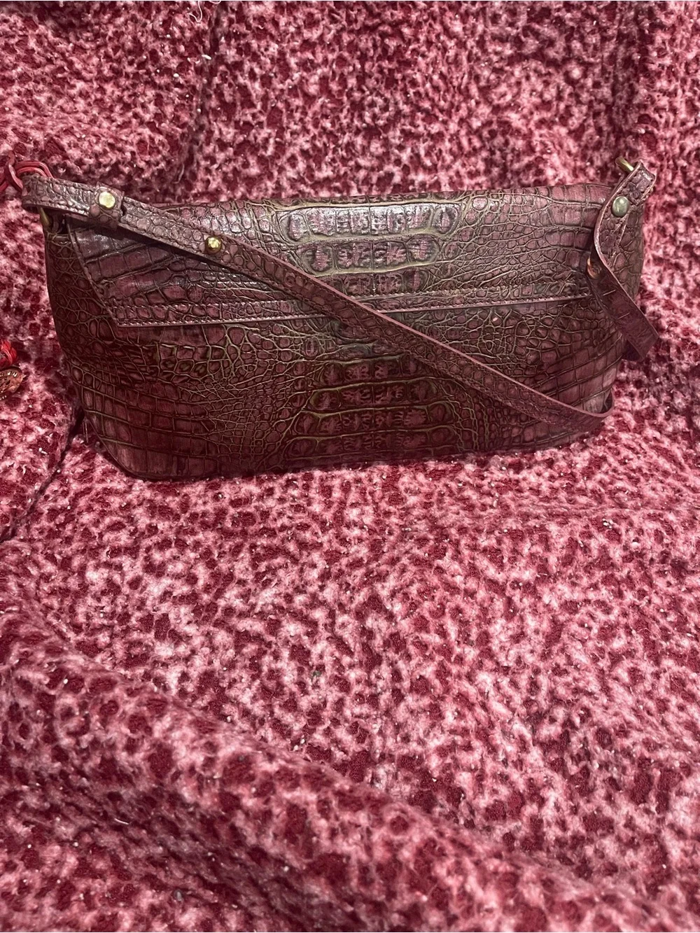 Brahmin Croc-Embossed Burgundy Leather Shoulder Bag